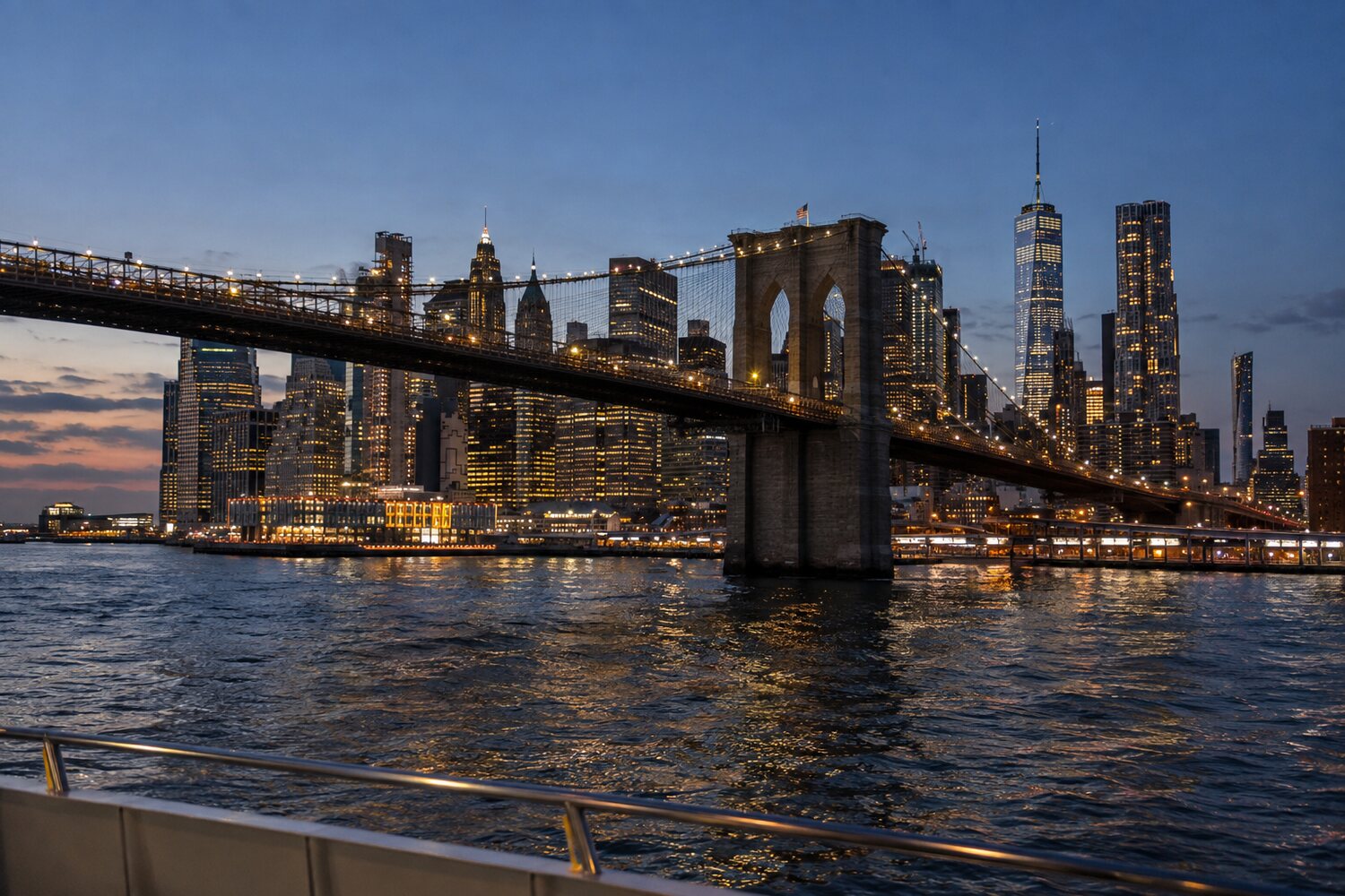 Possible New York Harbor view of the Brooklyn Bridge and illuminated Manhattan skyline from a cruise vessel