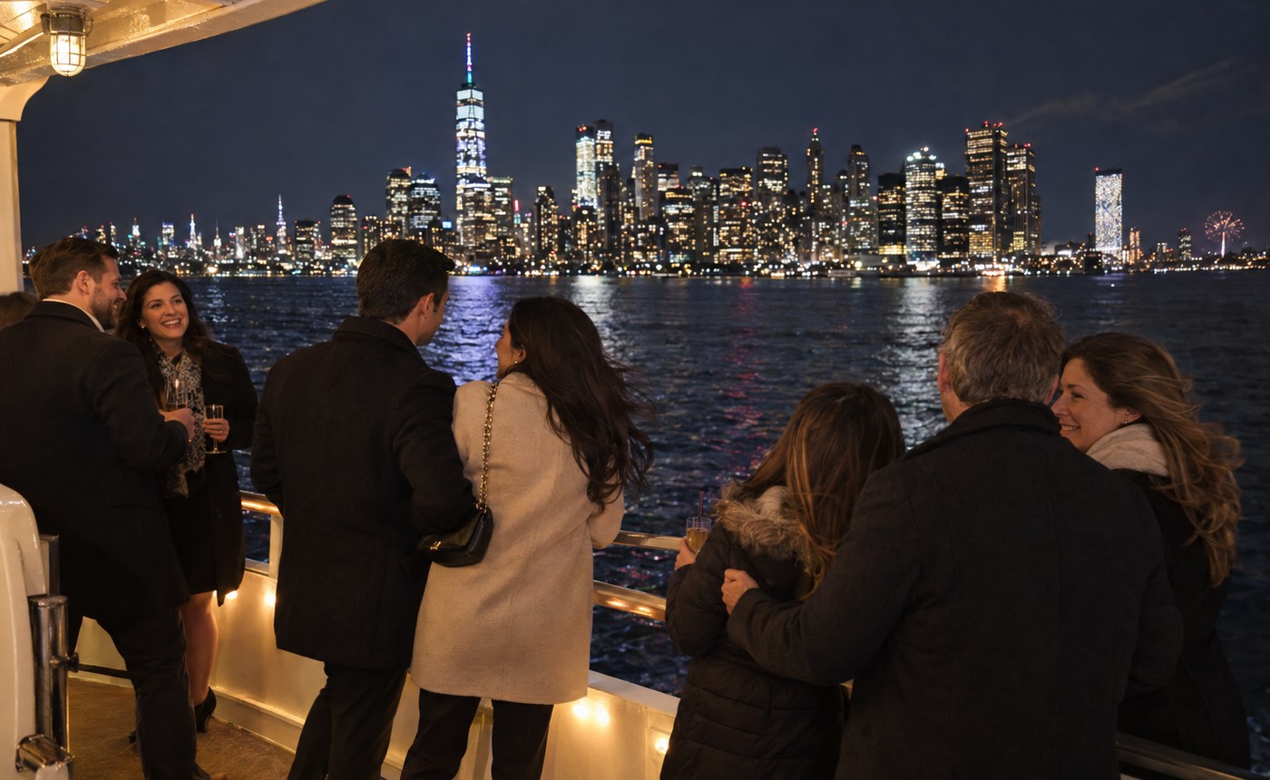 Guests enjoying the Classic NYC New Year's Eve cruise from an open deck overlooking Manhattan