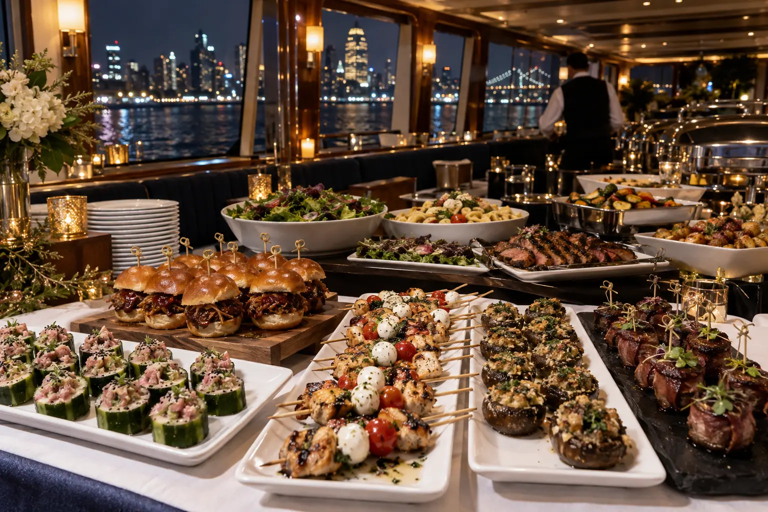 Illustrative Premium New Year's Eve yacht buffet with passed hors d'oeuvres, gourmet dishes and Manhattan skyline views