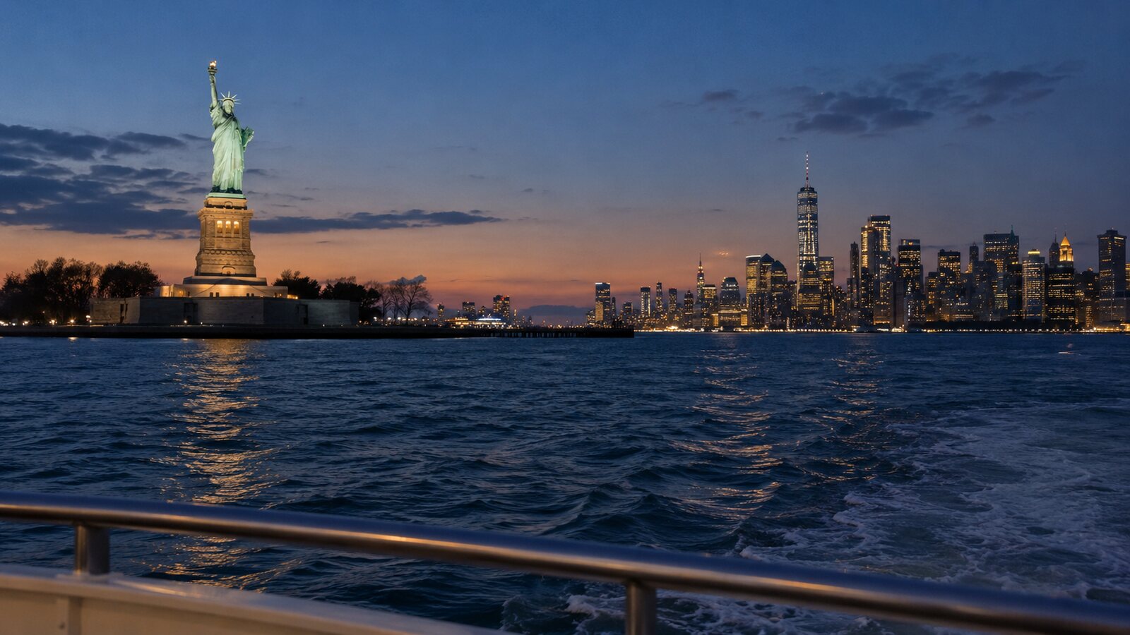 Possible New York Harbor views of the Statue of Liberty, Lower Manhattan and One World Trade Center from a cruise vessel