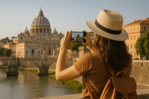 woman taking pictures of san peter church in rome
