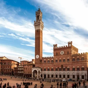 Piazza del Campo and Torre del Mangia in Siena, Tuscany medieval square.