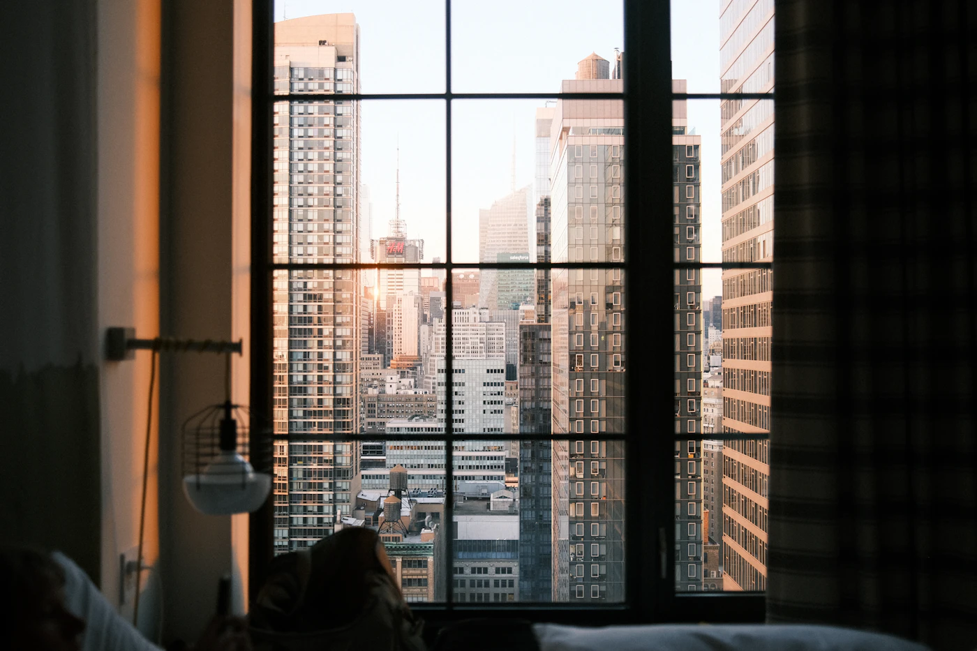 New York skyline from the window of a Manhattan hotel bedroom